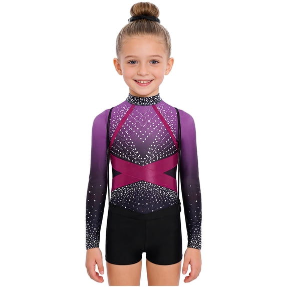 TTAO Gymnastics Leotards Outfits for Girls Long Sleeve Shiny Rhinestones Leotards with Shorts Scrunchie Drawstring Bag Purple 6
