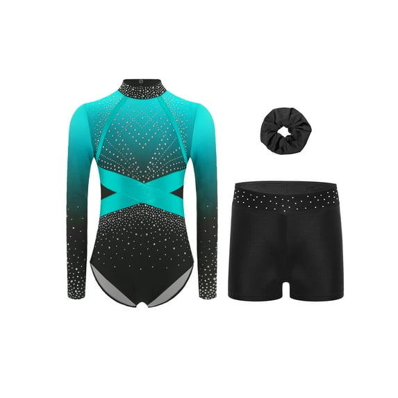 TTAO Gymnastics Leotards for Girls Three-Piece Set Long Sleeve Sparkly Ballet Dance Unitard Bodysuit with Shorts Hairband Light Blue 6