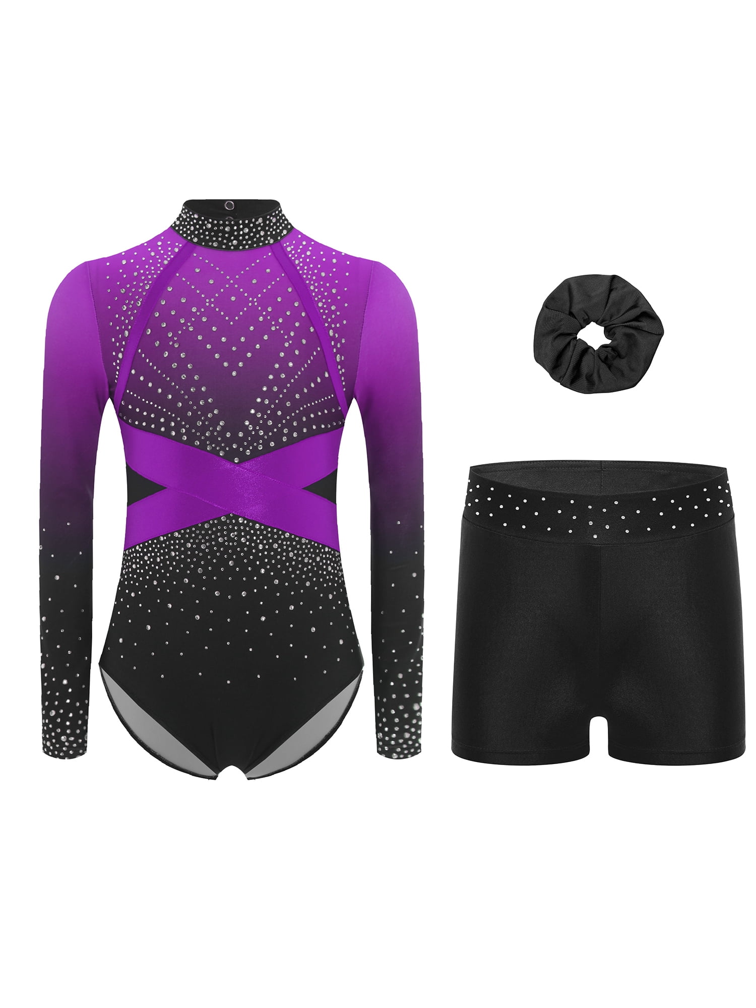 TTAO Gymnastics Leotards for Girls Three-Piece Set Long Sleeve Sparkly ...