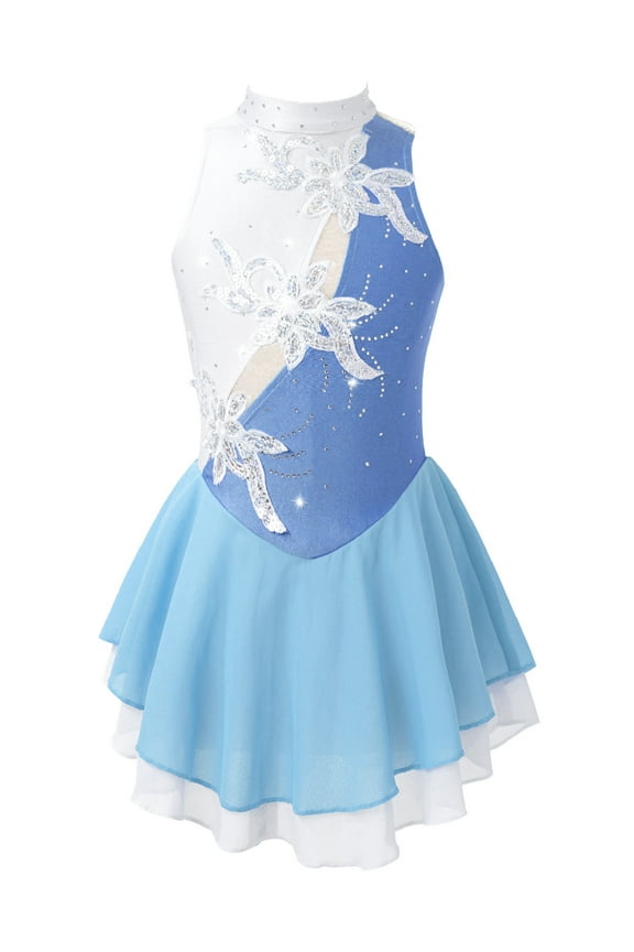 Kids Girls Figure Skating Leotard Skirt Hollow Back Ice Skating Stage Performance Shiny Dance Dress Light Blue 6