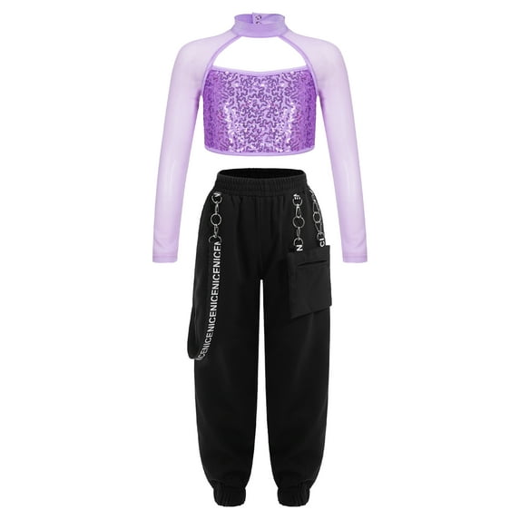 TTAO Kids 2Pcs Tracksuit Girls Shiny Crop Top with Cargo Pants Outfits for Hip Hop Sports Dancewear Lavender 10