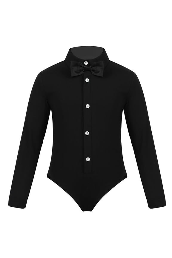 Kids Boys Bowtie Romper Shirt Modern Latin Dance Leotard Stage Performance Dancewear Costumes Black 4