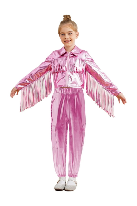 Kids Boys Girls Jazz Hip Hop Street Dance Outfits Metallic Tassel Long Sleeve Jacket Top with Harem Pants Set Pink 10