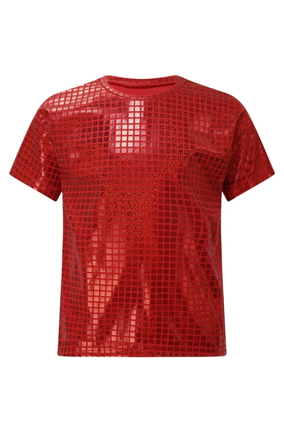 Kids Boys Girls Short Sleeve Sequins T-Shirt Shiny Jazz Dance Tops Hip Hop Clothes Cheerleading Uniform Red 110