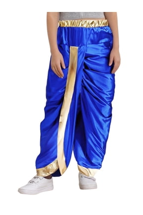 Kids Boys India Ethnic Hipple Dhoti Pants Satin Belly Dance Pants Gold Trim Harem Casual Bottoms Blue 6