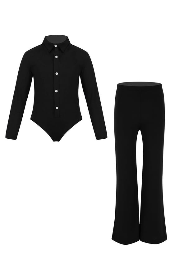 Kids Boys Latin Modern Dance Leotard Salsa Jazz Dance Costume Long Sleeves Romper Bodysuit with Leggings Pants Black 8