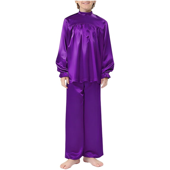 TTAO Kids Boys Praise Dance Outfit Long Sleeve Satin Liturgical Pullover Top With Worship Wide Purple 10