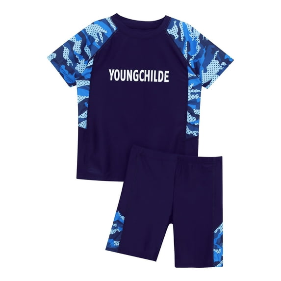 TTAO Kids Boys Rash Guard Swimsuit Swim Trunks with Tops Set Beach Sports Swimwear Bathing Suit Blue Camouflage 7-8