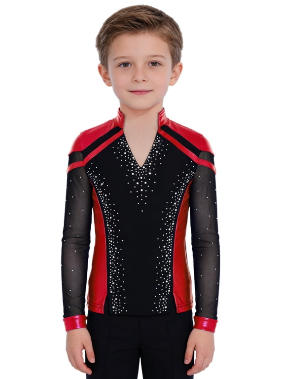 Kids Boys Shiny Rhinestone Long Sleeve Figure Ice Skating Top Tees Performance Competition Training T-Shirts Red 10
