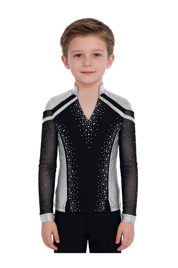 Kids Boys Shiny Rhinestone Long Sleeve Figure Ice Skating Top Tees Performance Competition Training T-Shirts Silver 6