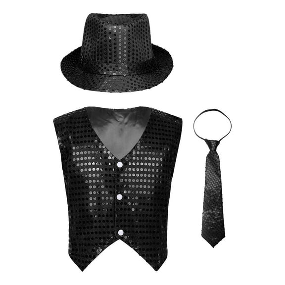 TTAO Kids Boys Sparkly Waistcoat Modern Jazz Latin Hip Hop Dance Top Vest with Hat Necktie Set Black 10-12