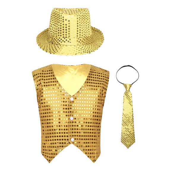 TTAO Kids Boys Sparkly Waistcoat Modern Jazz Latin Hip Hop Dance Top Vest with Hat Necktie Set Gold 8-9