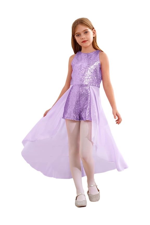 Kids Flower Girls Allover Sequins Walk-Through Romper Maxi Dress for Wedding Pageant Party Lavender 8