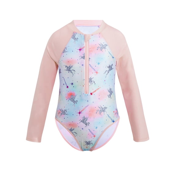 TTAO Kids Girls 1Pc Rash Guard Swimsuit Bathing Suit Floral Printed Zip-up Sun Protection Swimwear Multi Horse 4