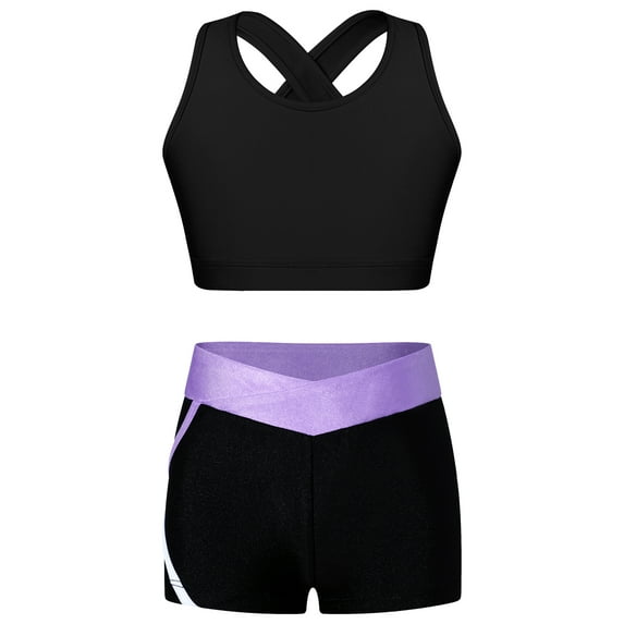 TTAO Kids Girls 2 Piece Athletic Tracksuit Gymnastic Ballet Outfit Criss Cross Tank Top with Booty Shorts Black&Lavender 14
