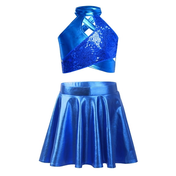 TTAO Kids Girls 2-Piece Latin Jazz Performance Clothes Sequins Dance Outfit Crop Top and A-Line Skirt Blue 6