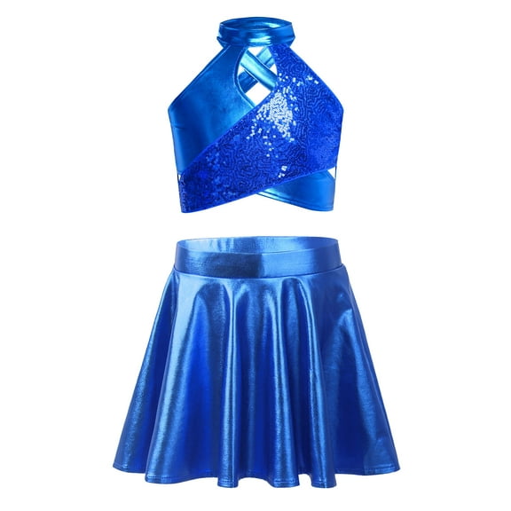 TTAO Kids Girls 2-Piece Latin Jazz Performance Clothes Sequins Dance Outfit Crop Top and A-Line Skirt Blue 8