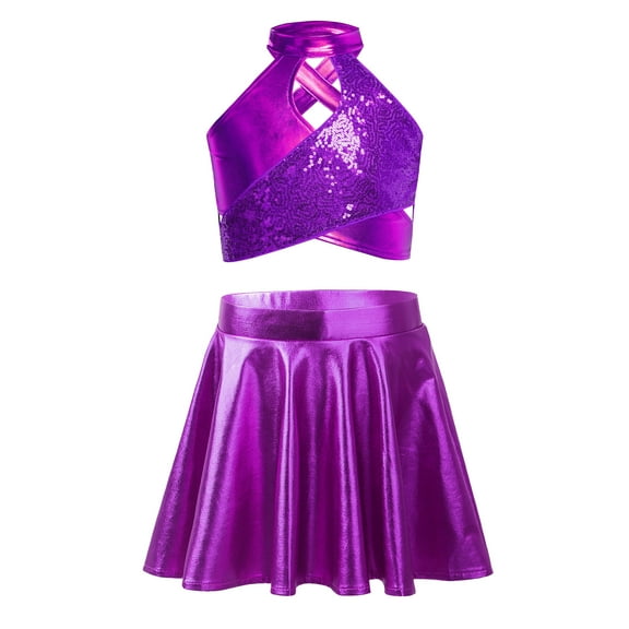 TTAO Kids Girls 2-Piece Latin Jazz Performance Clothes Sequins Dance Outfit Crop Top and A-Line Skirt Purple 8