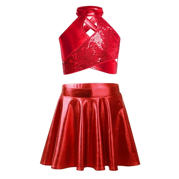 TTAO Kids Girls 2-Piece Latin Jazz Performance Clothes Sequins Dance Outfit Crop Top and A-Line Skirt Red 8