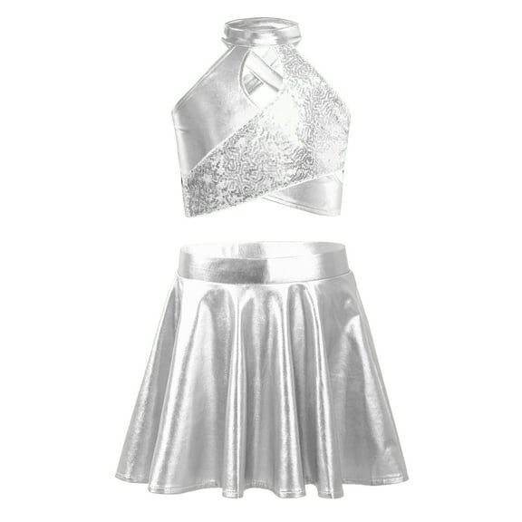 TTAO Kids Girls 2-Piece Latin Jazz Performance Clothes Sequins Dance Outfit Crop Top and A-Line Skirt Silver 8