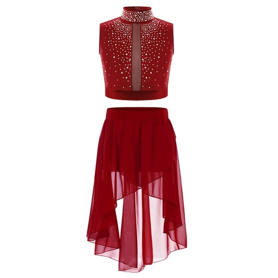 TTAO Kids Girls 2 Piece Lyrical Dance Dress Outfit Sparkly Crop Top with Hi Low Skirt Set Stage Performance Burgundy 6