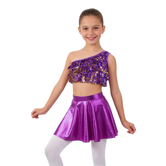 TTAO Kids Girls 2 Pieces Hip Hop Jazz Dance Outfits Metallic Crop Top and Ruffle Mini Skirt Set Performance Clothes Purple 8
