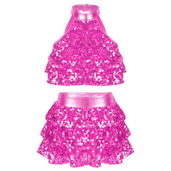 TTAO Kids Girls 2PCs Jazz Dance Wear Set Sequins Crop Top with Layered Skirts Latin Performance Costumes Hot Pink 13-14