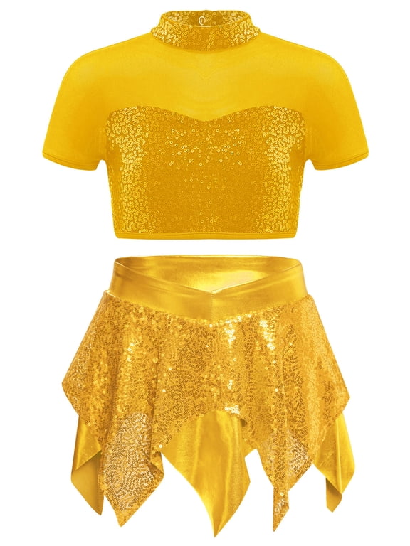 Kids Girls 2Pcs Sequins Dance Clothes Set Short Sleeve Crop Top with Irregular Hem Skirt Jazz Latin Cheer Dancewear Gold 6
