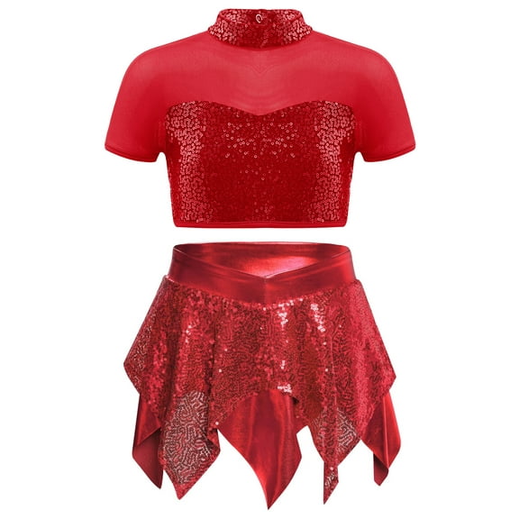 TTAO Kids Girls 2Pcs Sequins Dance Clothes Set Short Sleeve Crop Top with Irregular Hem Skirt Jazz Latin Cheer Dancewear Red 6