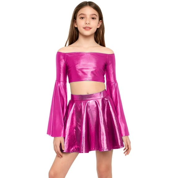 TTAO Kids Girls 2Pcs Sparkle Jazz Hip Hop Dance Performance Outfit Metallic Long Flared Sleeve Crop Top and Skirt Set Hot Pink 6