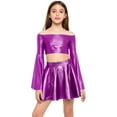 thumbnail image 1 of TTAO Kids Girls 2Pcs Sparkle Jazz Hip Hop Dance Performance Outfit Metallic Long Flared Sleeve Crop Top and Skirt Set Purple 14, 1 of 4
