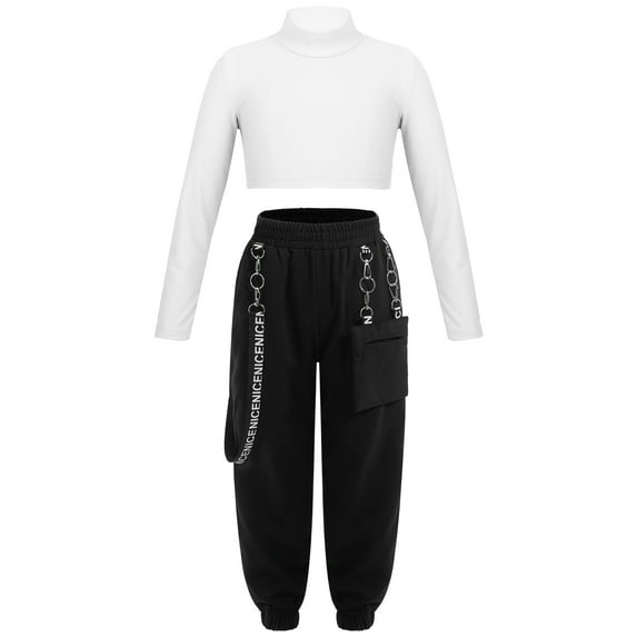 TTAO Kids Girls Tracksuit Long Sleeve Crop Top with Sweatpants Cargo Pants Set Hip Hop Streetwear Activewear Ivory 14