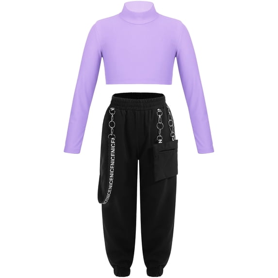 TTAO Kids Girls Tracksuit Long Sleeve Crop Top with Sweatpants Cargo Pants Set Hip Hop Streetwear Activewear Lavender 8