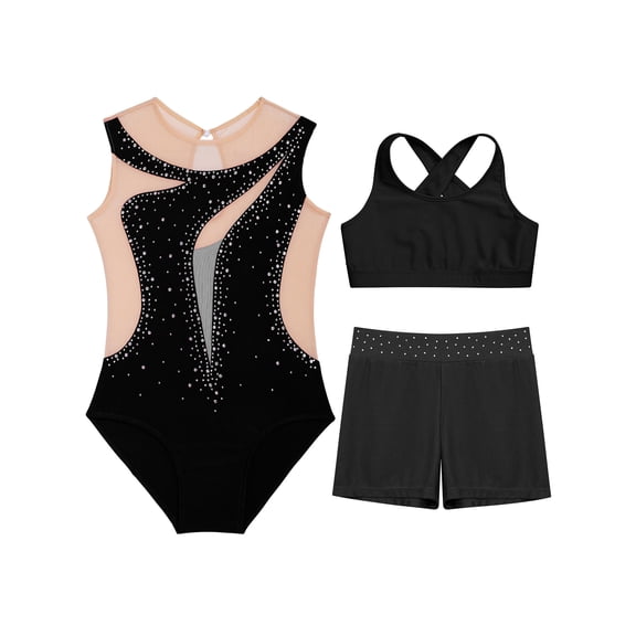 TTAO Kids Girls 3 Pieces Tumbling Outfit Long Sleeve Gymnastic Leotard Bodysuit with Vest Shorts Set Dance Tracksuit Black 15-16