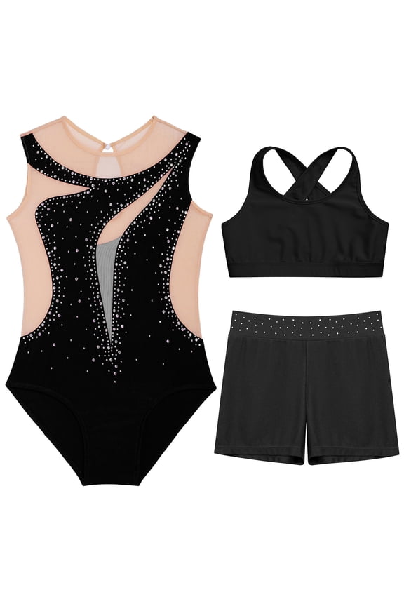 Kids Girls 3 Pieces Tumbling Outfit Long Sleeve Gymnastic Leotard Bodysuit with Vest Shorts Set Dance Tracksuit Black 7-8
