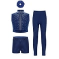 thumbnail image 1 of TTAO Kids Girls 4Pcs Gymnastics Dance Outfit Shiny Crop Top with Shorts Pants Hair Band Set for Jazz Latin Dance Navy Blue 16, 1 of 3