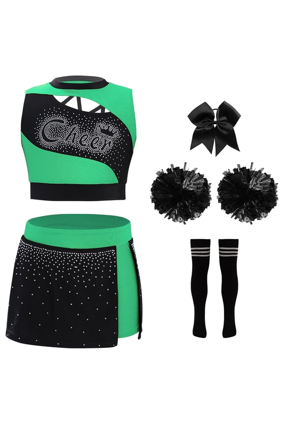 Kids Girls 5 Pcs School Cheerleading Dance Outfit Sequins Sleeveless Tank Top with Skirt Cheer Uniform Dress Suit Green 14