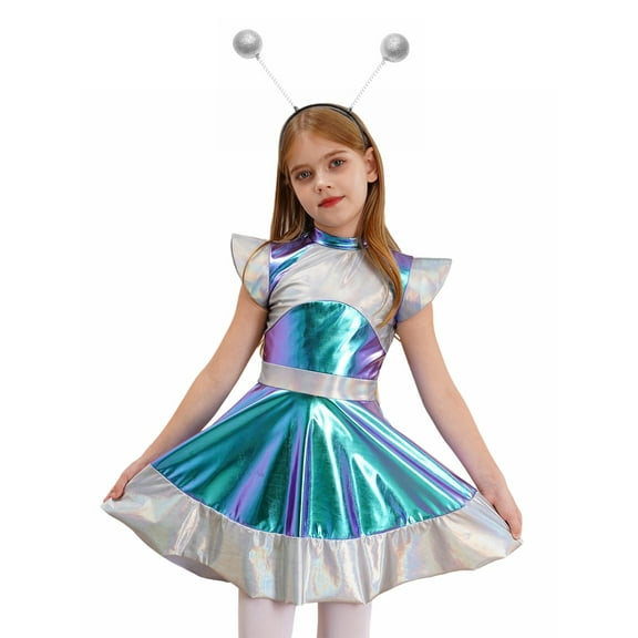 TTAO Girls Alien Robot Astronaut Outerspace Sets Flying Sleeve A Line Dress with Feeler Silver 8