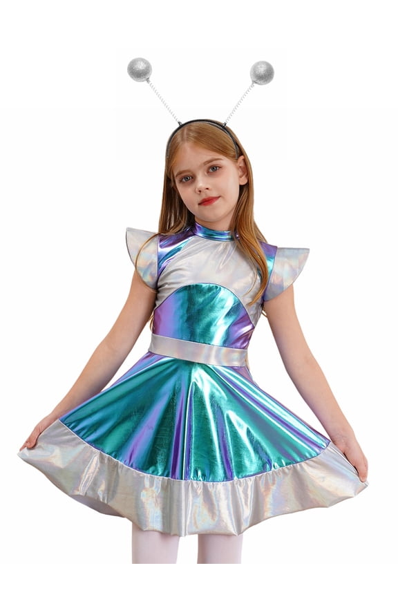 Girls Alien Robot Astronaut Outerspace Sets Flying Sleeve A Line Dress with Feeler Silver 8