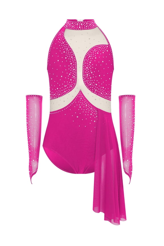 Kids Girls Asymmetrical Skirted Leotard Modern Ballet Dance Dress Skating Competition Shiny Camisole Hot Pink 10