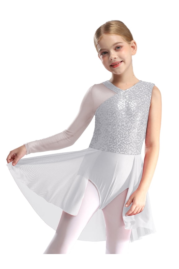 Kids Girls Athletic Dance Tutu Skirt Sparkly Gymnastic Leotard Ballet Dancewear Figure Ice Skating Dress White 6