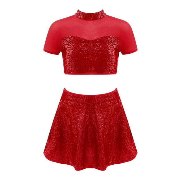 TTAO Kids Girls Backless 2 Pcs Dress Suit Crop Ruffled Skirt Short Sleeve Shirt Top Solid Color Dance Clothes Red 6