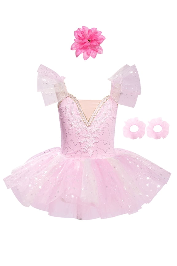 Kids Girls Ballerina Swan Lake Dance Leotard Tutu Dress Professional Ballet Outfits with Hair Clip Cuffs Set Pink 2-3
