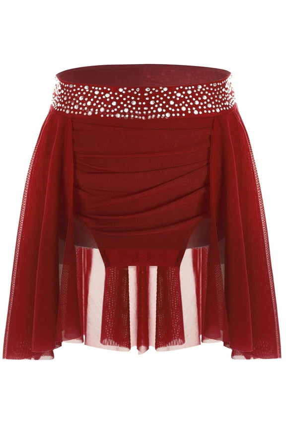 Kids Girls Ballet Dance Chiffon Wrap Skirt Pull-On Skirt Ruched Irregular Dance Skirt Performance Dancewear Burgundy 12