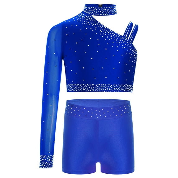 TTAO Kids Girls Ballet Latin Dance Costume Sparkly Crop Tops and Shorts 2 Pcs Gymnastics Figure Skating Outfit Blue 6