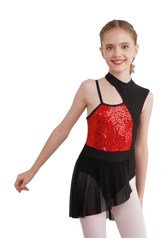 Kids Girls Ballet Lyrical Dance Costume One Shoulder Modern Jazz Latin Leotard Dress 6-16 Yrs Red 8