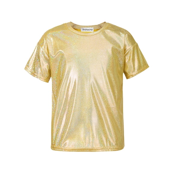 TTAO Kids Girls Boys Dance Tops Metallic T-Shirt Jazz Hip Hop Party Stage Performance Disco Costume Gold 7-8