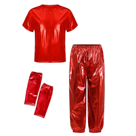 TTAO Kids Girls Boys Street Jazz Hip Hop Ballet Dance Outfits Shiny Short Sleeve Tops with Harem Pants Gloves Set Red 9-10