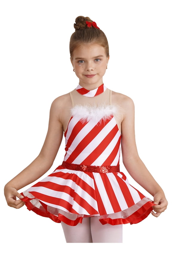 Kids Girls Christmas Candy Cane Clothes Dancewear Sequins Santa Claus Mesh Tutu Dress Red 12