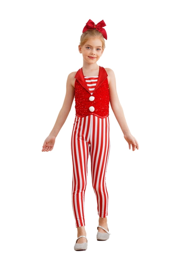 Kids Girls Christmas Santa Elf Bodysuit Sequin Stripes Ballet Dance Sleeveless Jumpsuit Leotard Xmas Party Red 10